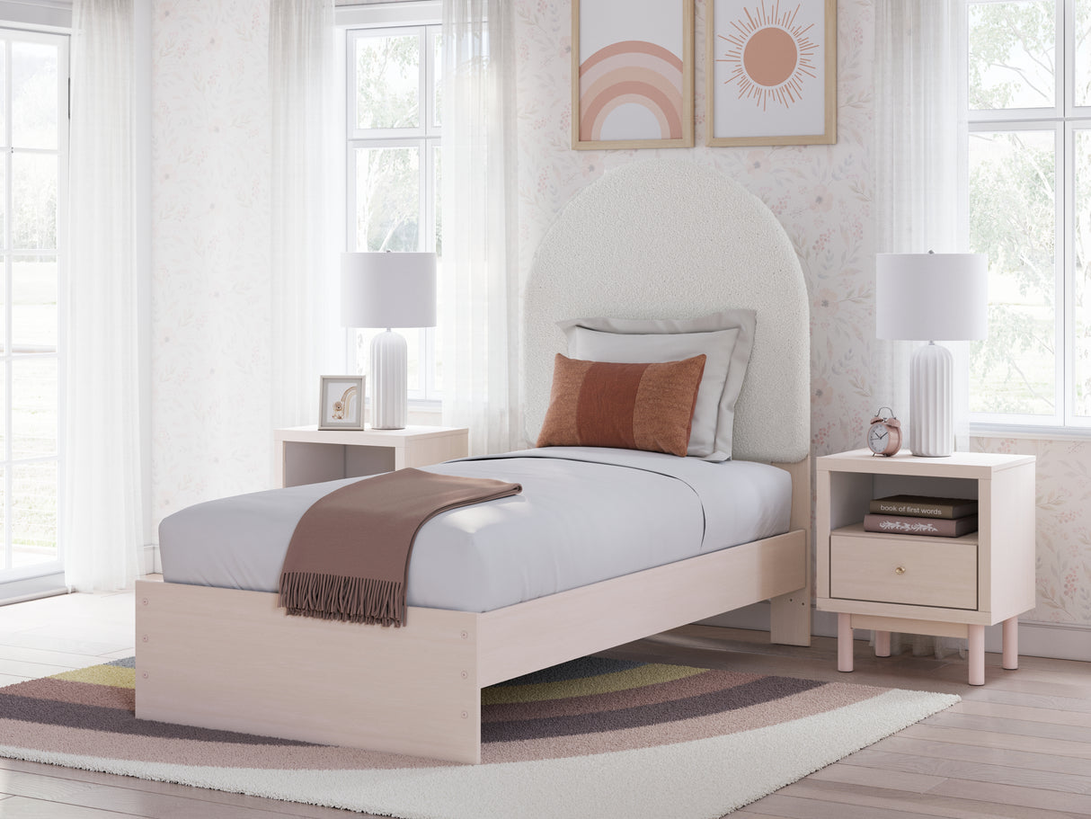 Wistenpine Twin Upholstered Panel Bed with Mirrored Dresser and 2 Nightstands in Blush - PKG018935