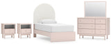 Wistenpine Twin Upholstered Panel Bed with Mirrored Dresser and 2 Nightstands in Blush from Ashley - Luna Furniture