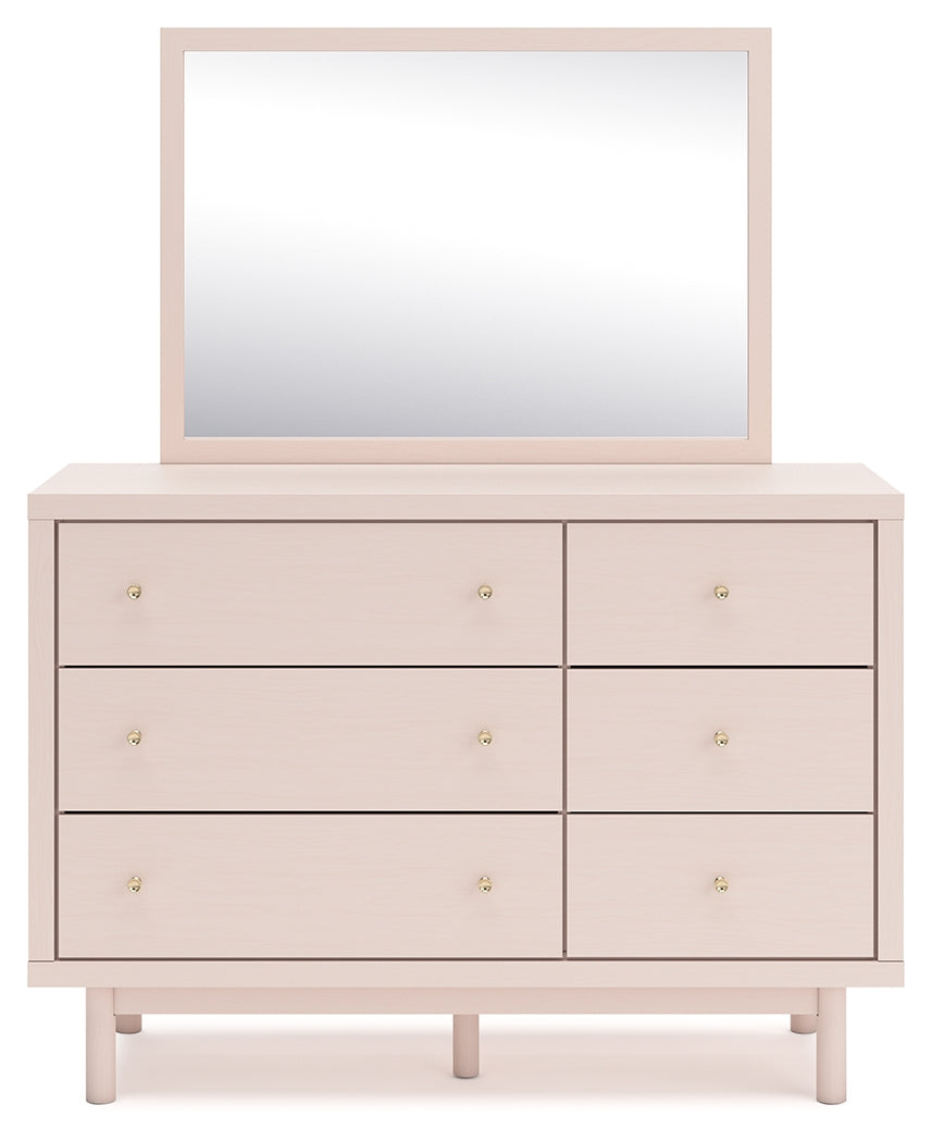 Wistenpine Twin Upholstered Panel Bed with Mirrored Dresser and 2 Nightstands in Blush - PKG018935