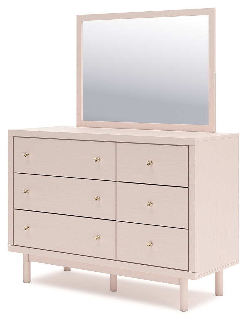 Wistenpine Twin Upholstered Panel Bed with Mirrored Dresser and 2 Nightstands in Blush - PKG018935