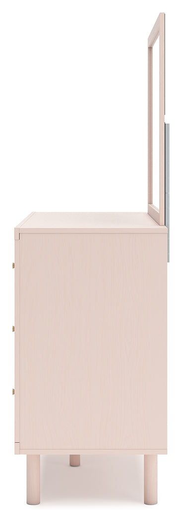 Wistenpine Twin Upholstered Panel Bed with Mirrored Dresser and 2 Nightstands in Blush - PKG018935