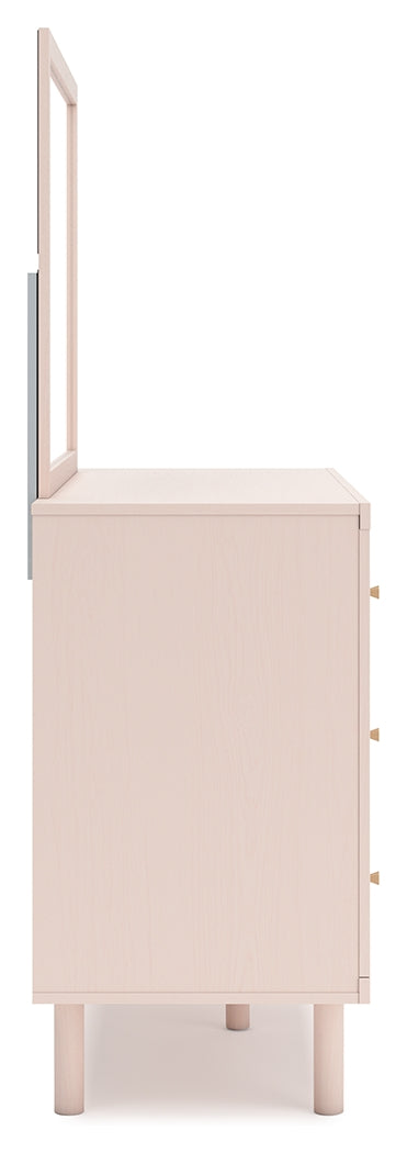 Wistenpine Twin Upholstered Panel Bed with Mirrored Dresser and 2 Nightstands in Blush - PKG018935