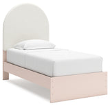 Wistenpine Twin Upholstered Panel Bed with Mirrored Dresser and 2 Nightstands in Blush - PKG018935