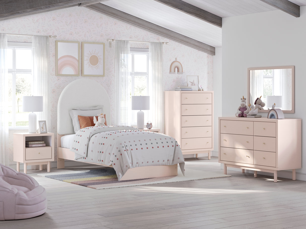 Wistenpine Twin Upholstered Panel Bed with Mirrored Dresser and Chest in Blush - PKG018719