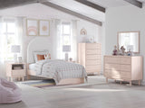 Wistenpine Twin Upholstered Panel Bed with Mirrored Dresser and Chest in Blush - PKG018719