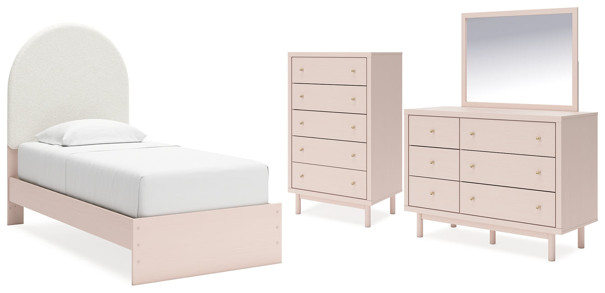 Wistenpine Twin Upholstered Panel Bed with Mirrored Dresser and Chest in Blush - PKG018719