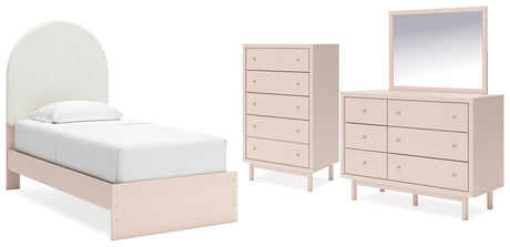 Wistenpine Twin Upholstered Panel Bed with Mirrored Dresser and Chest in Blush - PKG018719