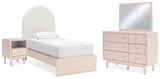 Wistenpine Twin Upholstered Panel Bed with Mirrored Dresser and Nightstand in Blush - PKG018718