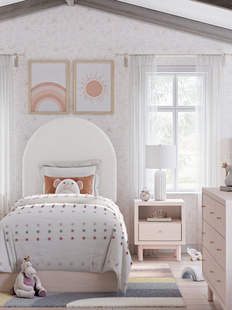 Wistenpine Twin Upholstered Panel Bed with Mirrored Dresser and Nightstand in Blush from Ashley - Luna Furniture