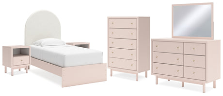 Wistenpine Twin Upholstered Panel Bed with Mirrored Dresser, Chest and 2 Nightstands in Blush - PKG018936