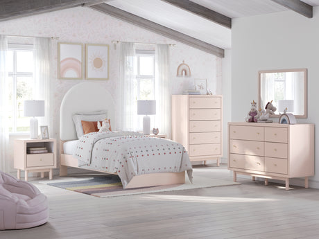 Wistenpine Twin Upholstered Panel Bed with Mirrored Dresser, Chest and 2 Nightstands in Blush - PKG018936