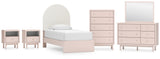 Wistenpine Twin Upholstered Panel Bed with Mirrored Dresser, Chest and 2 Nightstands in Blush from Ashley - Luna Furniture