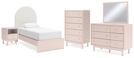 Wistenpine Twin Upholstered Panel Bed with Mirrored Dresser, Chest and Nightstand in Blush - PKG018720