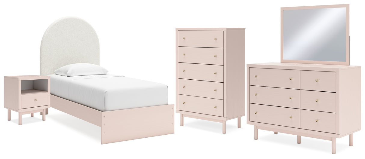 Wistenpine Twin Upholstered Panel Bed with Mirrored Dresser, Chest and Nightstand in Blush from Ashley - Luna Furniture