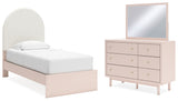 Wistenpine Twin Upholstered Panel Bed with Mirrored Dresser in Blush - PKG018717