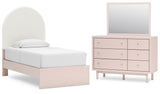 Wistenpine Twin Upholstered Panel Bed with Mirrored Dresser in Blush from Ashley - Luna Furniture