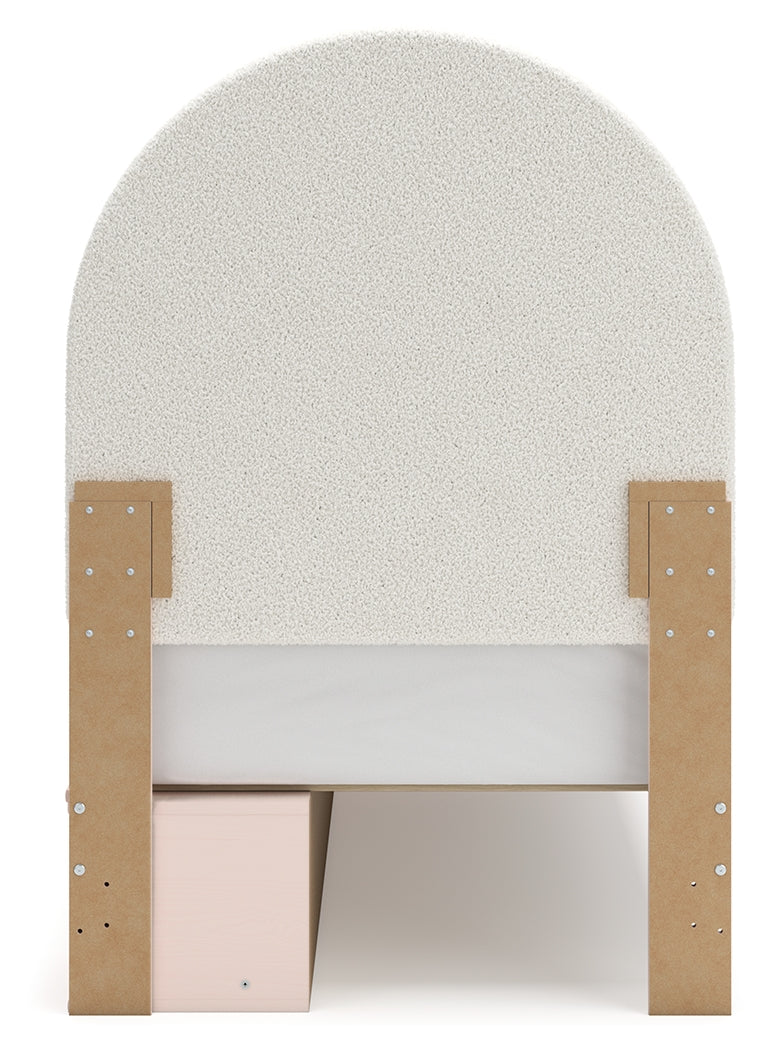 Wistenpine Twin Upholstered Panel Headboard with Dresser and 2 Nightstands in Blush - PKG018929