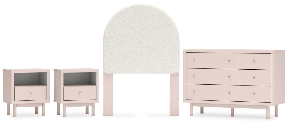 Wistenpine Twin Upholstered Panel Headboard with Dresser and 2 Nightstands in Blush - PKG018929