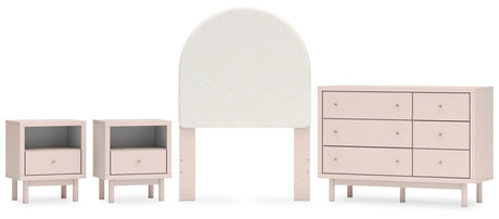 Wistenpine Twin Upholstered Panel Headboard with Dresser and 2 Nightstands in Blush - PKG018929