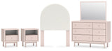 Wistenpine Twin Upholstered Panel Headboard with Mirrored Dresser and 2 Nightstands in Blush - PKG018927