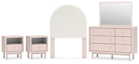 Wistenpine Twin Upholstered Panel Headboard with Mirrored Dresser and 2 Nightstands in Blush - PKG018927