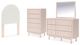 Wistenpine Twin Upholstered Panel Headboard with Mirrored Dresser and Chest in Blush - PKG018709