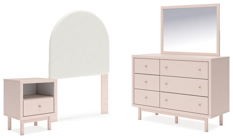 Wistenpine Twin Upholstered Panel Headboard with Mirrored Dresser and Nightstand in Blush - PKG018708