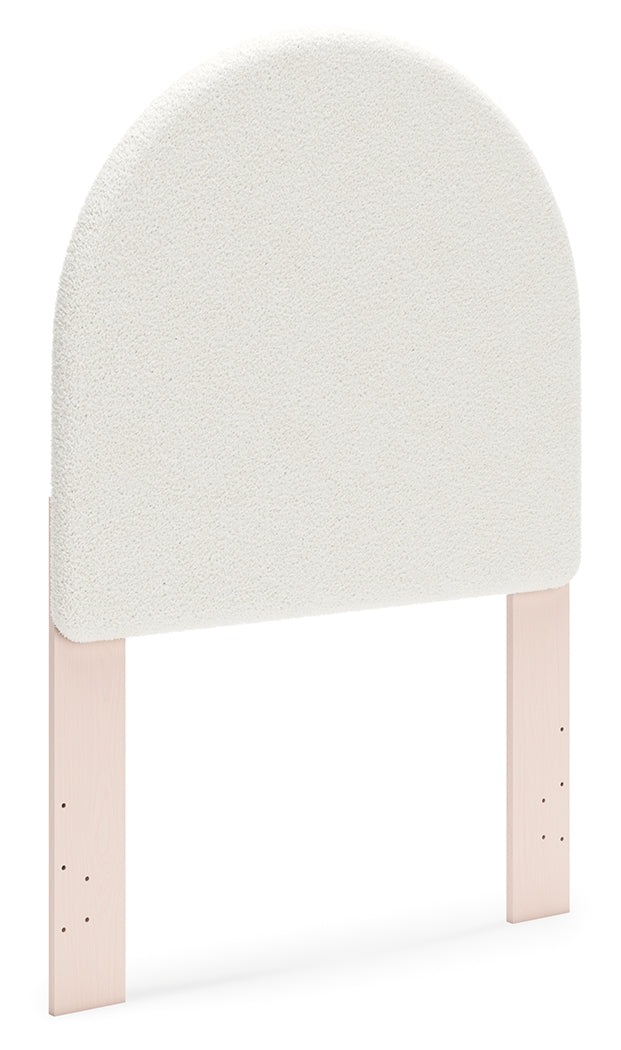 Wistenpine Twin Upholstered Panel Headboard with Mirrored Dresser and Nightstand in Blush - PKG018708