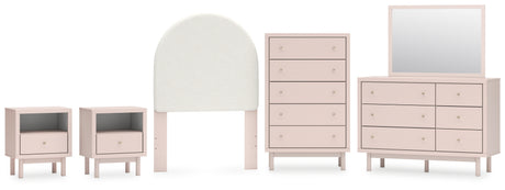 Wistenpine Twin Upholstered Panel Headboard with Mirrored Dresser, Chest and 2 Nightstands in Blush - PKG018928