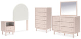 Wistenpine Twin Upholstered Panel Headboard with Mirrored Dresser, Chest and Nightstand in Blush - PKG018710