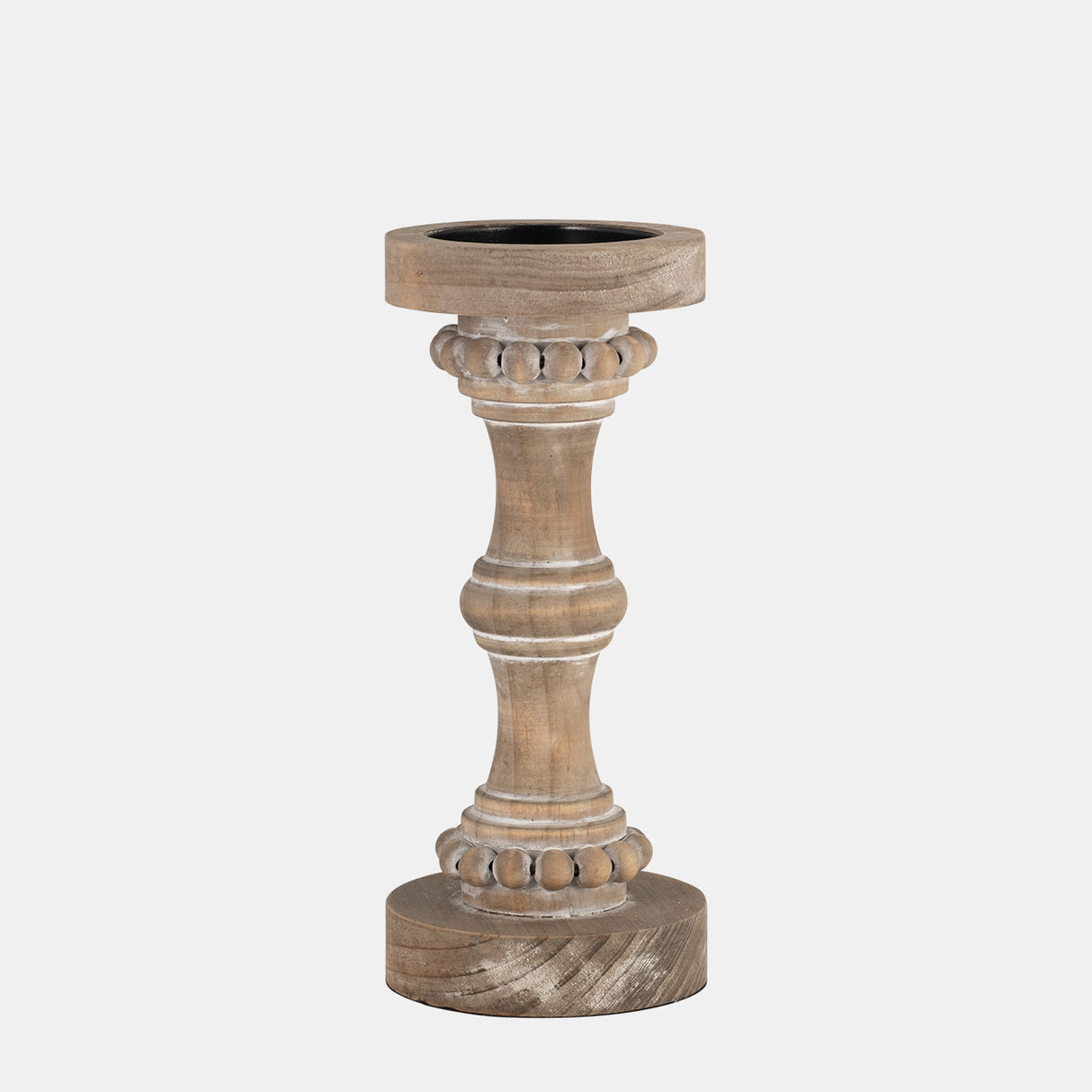 Wood, 11" Banded Bead Candle Holder, Antique White - 14498-12