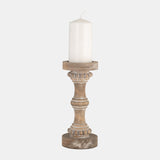 Wood, 11" Banded Bead Candle Holder, Antique White - 14498-12