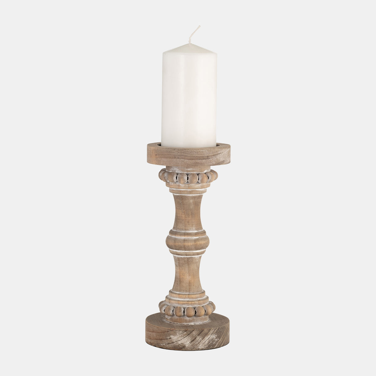 Wood, 11" Banded Bead Candle Holder, Antique White - 14498-12