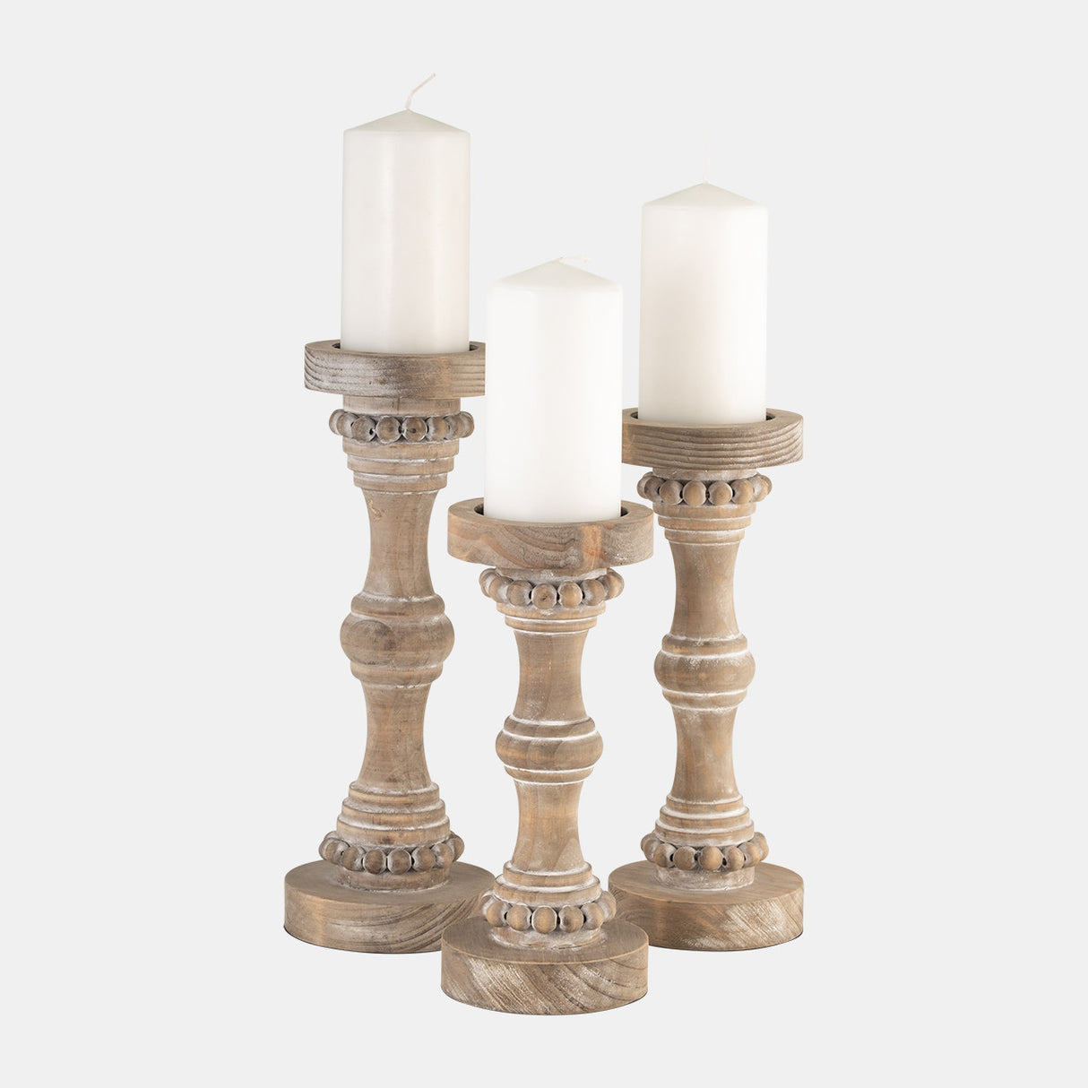 Wood, 11" Banded Bead Candle Holder, Antique White - 14498-12