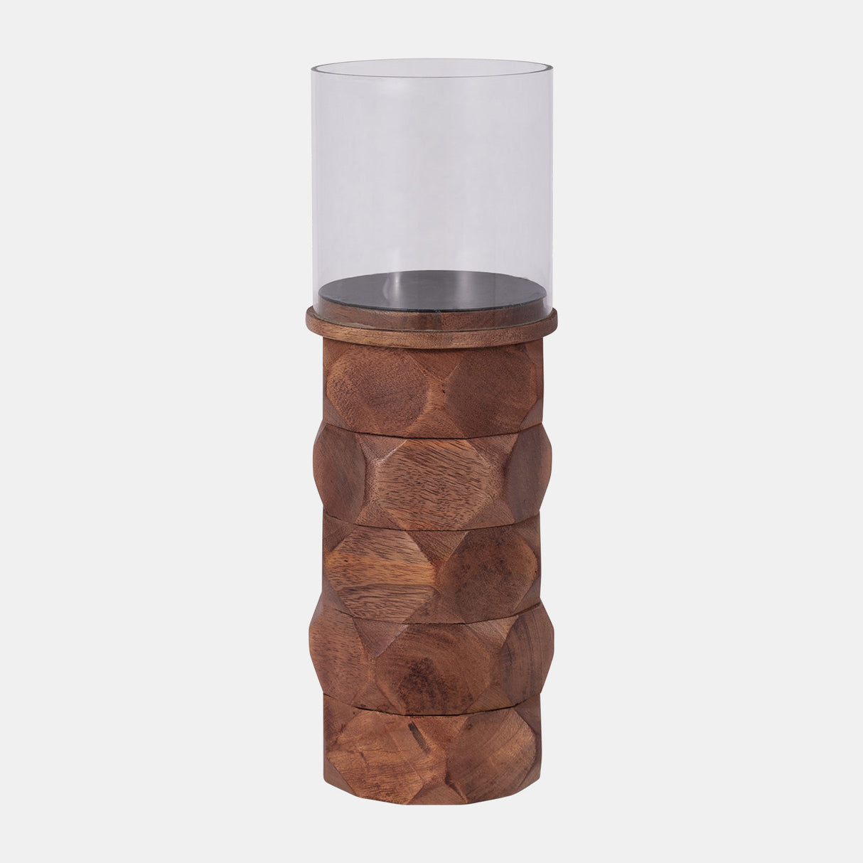 Wood, 12" Stacked Hexagon Pillar Hurricane, Brown from Sagebrook Home - Luna Furniture