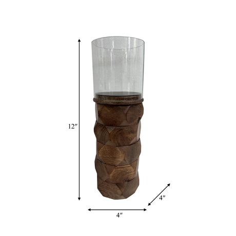 Wood, 12" Stacked Hexagon Pillar Hurricane, Brown from Sagebrook Home - Luna Furniture