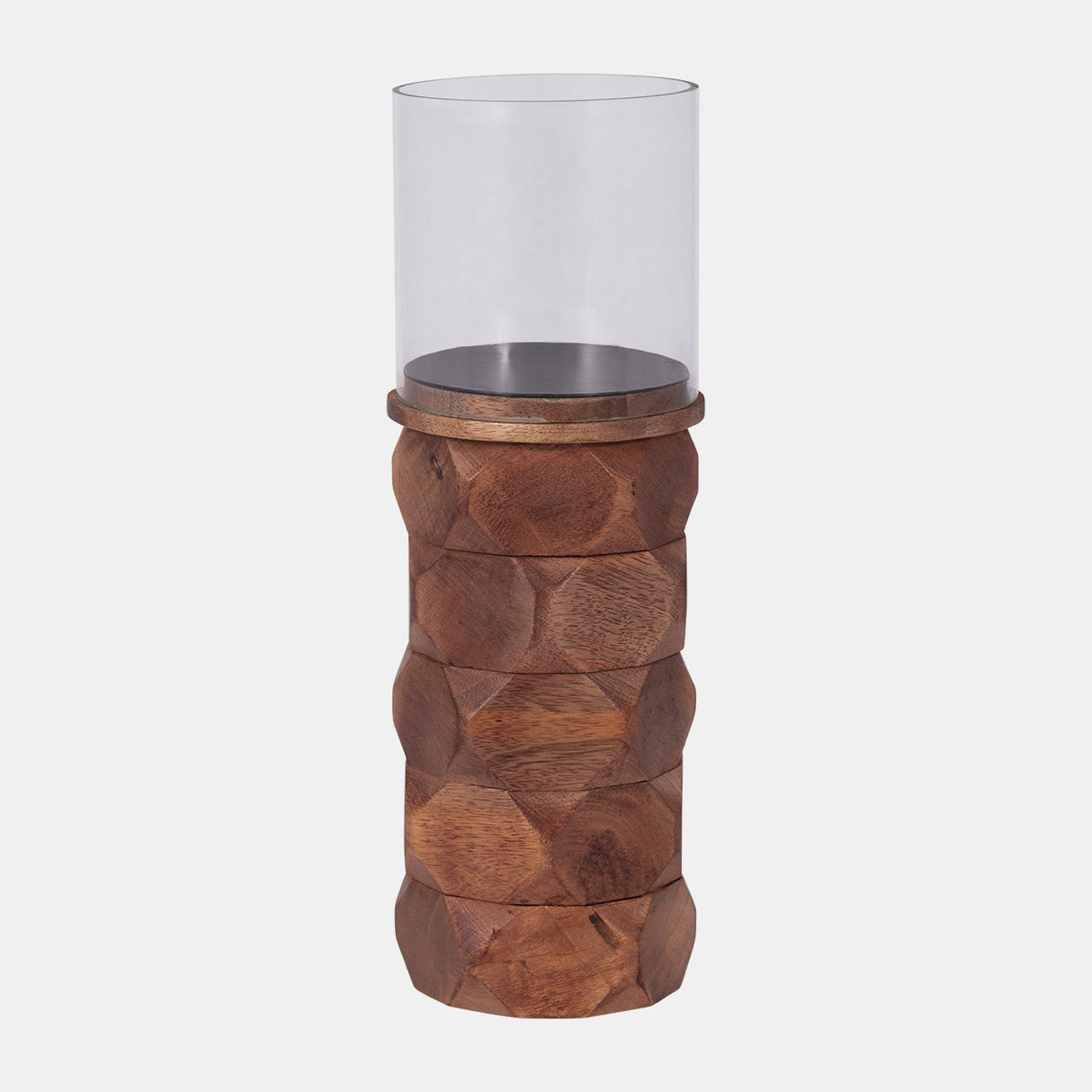 Wood, 12" Stacked Hexagon Pillar Hurricane, Brown from Sagebrook Home - Luna Furniture