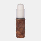 Wood, 12" Stacked Hexagon Pillar Hurricane, Brown from Sagebrook Home - Luna Furniture