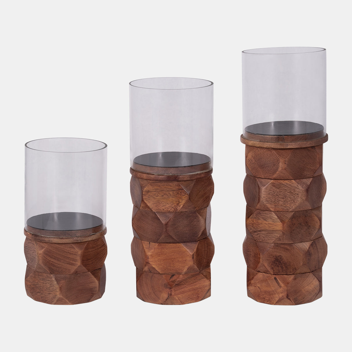 Wood, 12" Stacked Hexagon Pillar Hurricane, Brown from Sagebrook Home - Luna Furniture