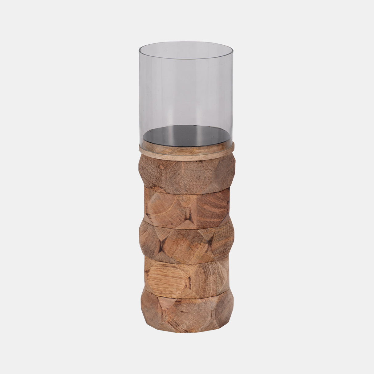 Wood, 12" Stacked Hexagon Pillar Hurricane, Natura from Sagebrook Home - Luna Furniture