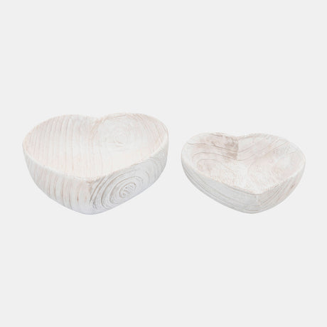 Wood, S/2 9/10" Heart Bowls, White - 16568-01