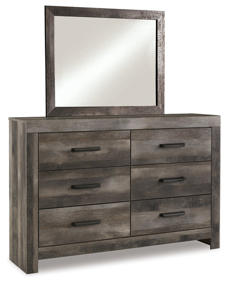 Wynnlow King Crossbuck Panel Bed with Mirrored Dresser and 2 Nightstands in Gray - PKG005679