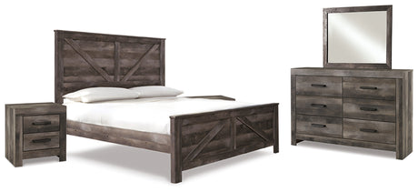 Wynnlow King Crossbuck Panel Bed with Mirrored Dresser and 2 Nightstands in Gray - PKG005679