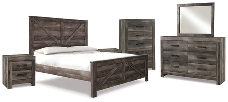 Wynnlow King Crossbuck Panel Bed with Mirrored Dresser, Chest and 2 Nightstands in Gray - PKG006339