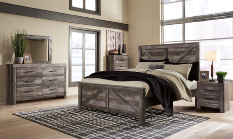 Wynnlow King Crossbuck Panel Bed with Mirrored Dresser, Chest and Nightstand in Gray - PKG005695