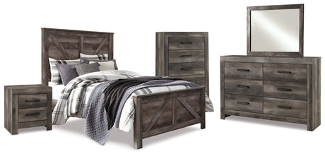 Wynnlow Queen Crossbuck Panel Bed with Mirrored Dresser, Chest and Nightstand in Gray - PKG005700