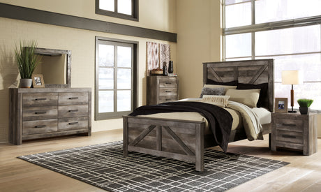 Wynnlow Queen Crossbuck Panel Bed with Mirrored Dresser in Gray - PKG005148