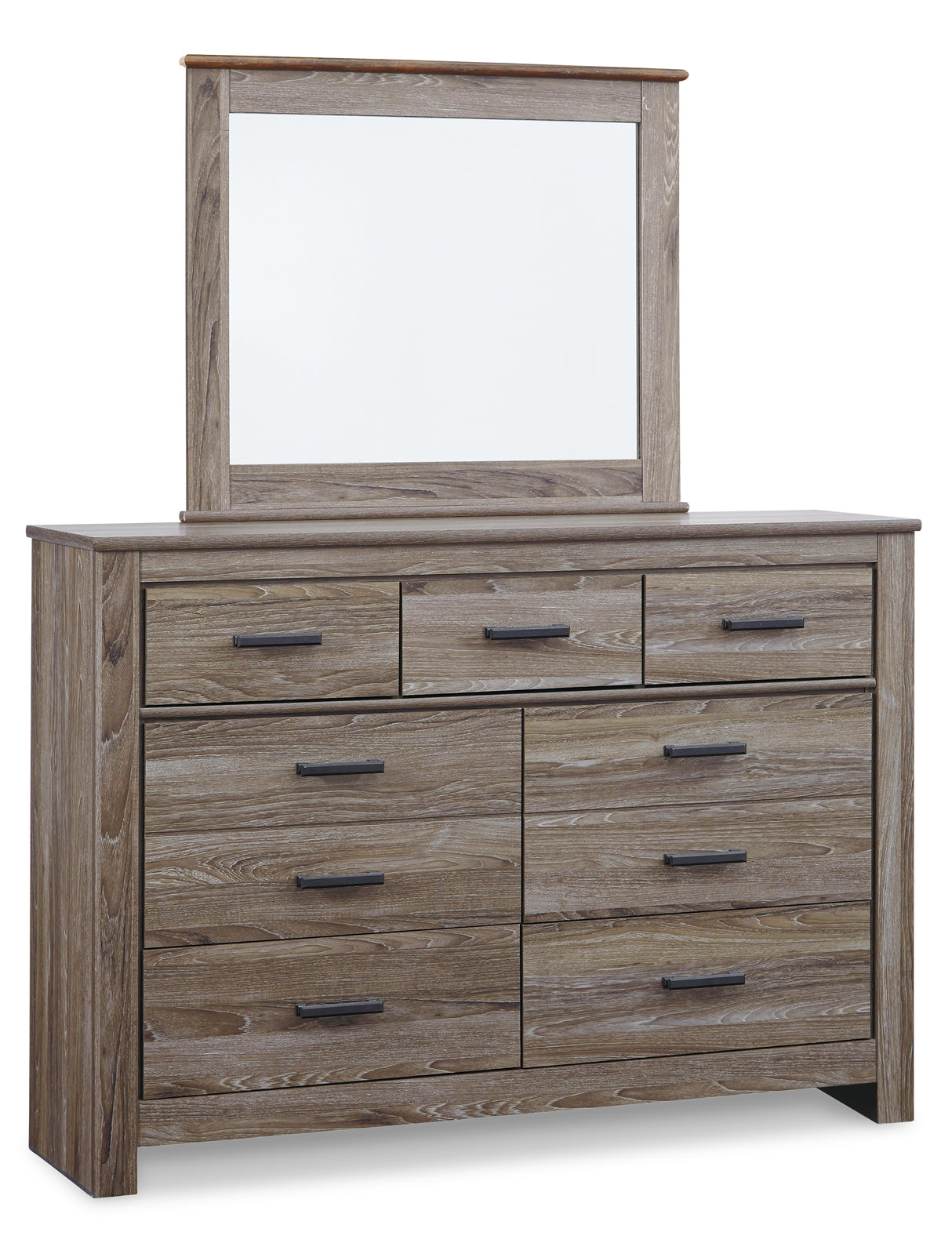 Zelen Full Panel Bed with Mirrored Dresser, Chest and Nightstand in Warm Gray - PKG003986