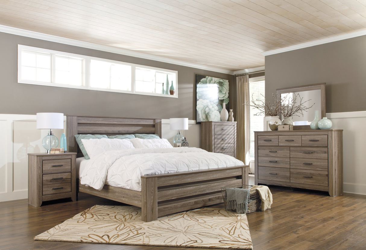 Zelen King Panel Bed with Mirrored Dresser, Chest and 2 Nightstands in Warm Gray - PKG003981