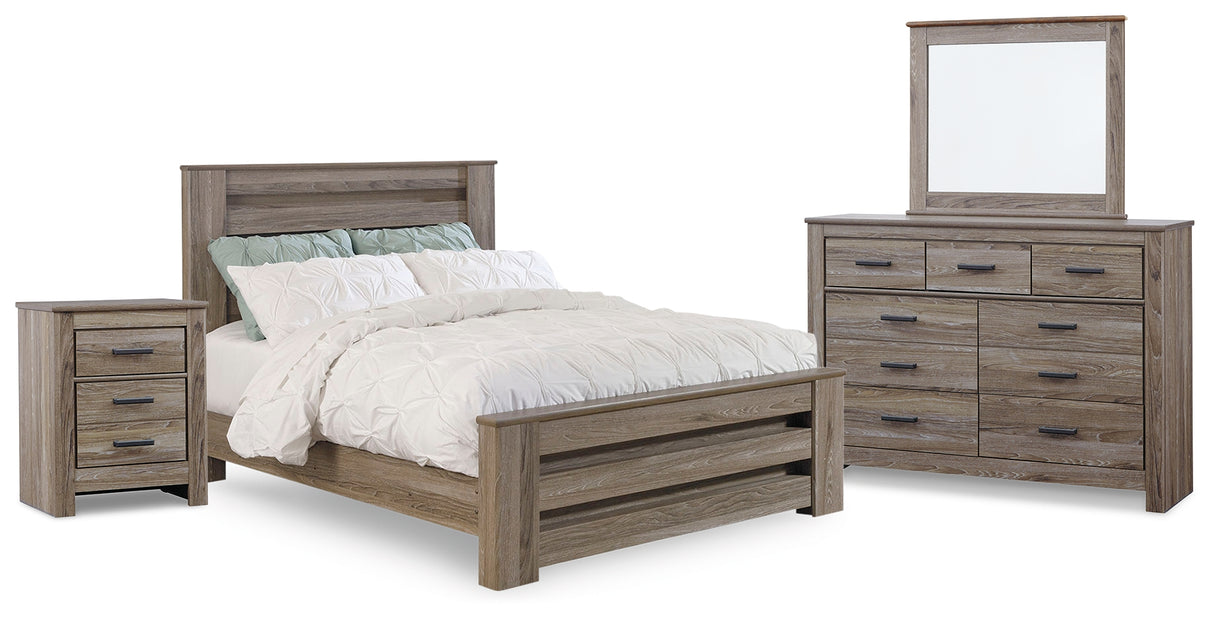 Zelen Queen Panel Bed with Mirrored Dresser and Nightstand in Warm Gray - PKG014145